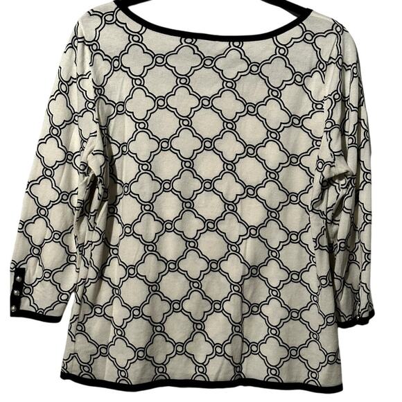 Talbots Three Quarter Sleeve Tipped Button Cuff Sweater Geo Print Women's Size M - Picture 2 of 8